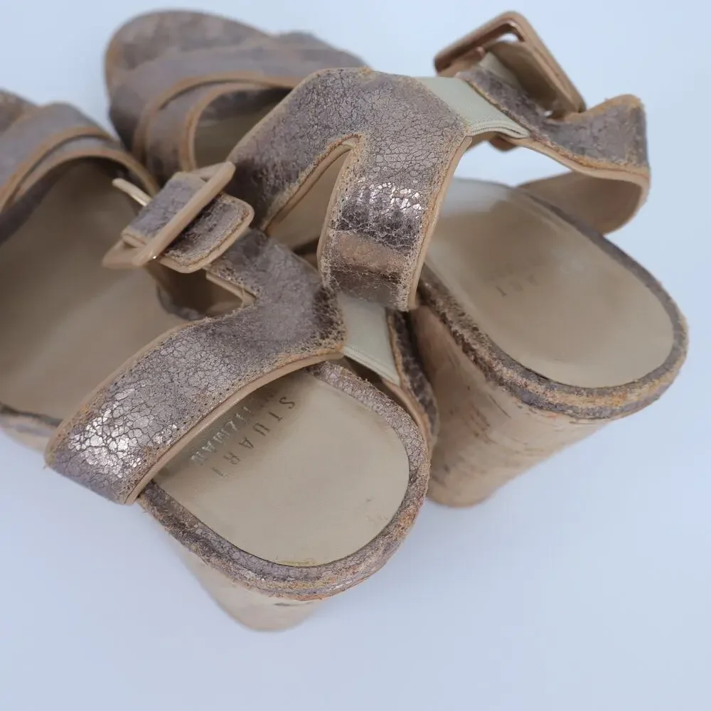STUART WEITZMAN Annex Penny Wedge Sandal Crackled Leather Gold Metallic Womens 7 - Picture 4 of 10